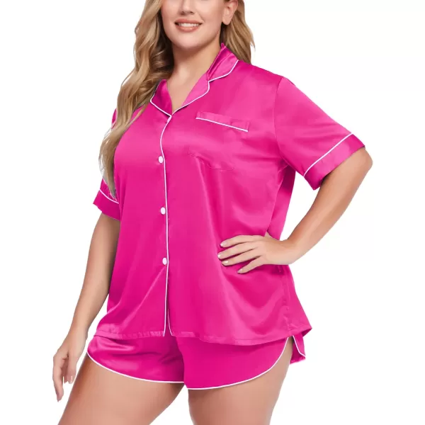 SWOMOG Womens Plus Size Satin Pajama Set Short Sleeve 2 piece Pj Sets Sleepwear Silk Button Down Loungewear Pjs Shorts SetRose Red