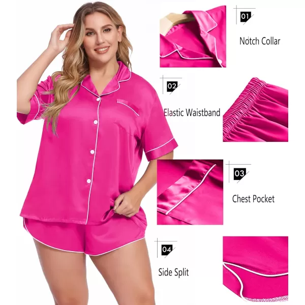 SWOMOG Womens Plus Size Satin Pajama Set Short Sleeve 2 piece Pj Sets Sleepwear Silk Button Down Loungewear Pjs Shorts SetRose Red