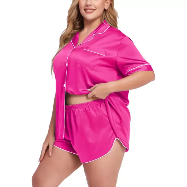 SWOMOG Womens Plus Size Satin Pajama Set Short Sleeve 2 piece Pj Sets Sleepwear Silk Button Down Loungewear Pjs Shorts SetRose Red