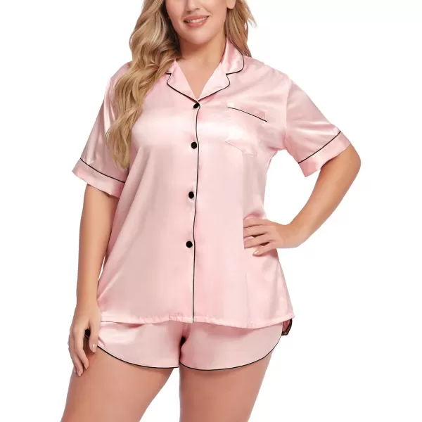 SWOMOG Womens Plus Size Satin Pajama Set Short Sleeve 2 piece Pj Sets Sleepwear Silk Button Down Loungewear Pjs Shorts SetSakura Pink