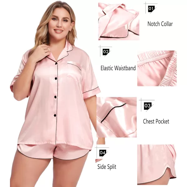 SWOMOG Womens Plus Size Satin Pajama Set Short Sleeve 2 piece Pj Sets Sleepwear Silk Button Down Loungewear Pjs Shorts SetSakura Pink