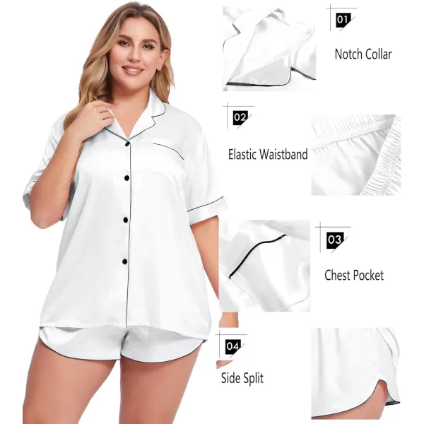 SWOMOG Womens Plus Size Satin Pajama Set Short Sleeve 2 piece Pj Sets Sleepwear Silk Button Down Loungewear Pjs Shorts SetWhite