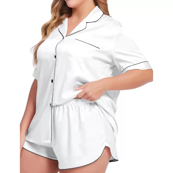 SWOMOG Womens Plus Size Satin Pajama Set Short Sleeve 2 piece Pj Sets Sleepwear Silk Button Down Loungewear Pjs Shorts SetWhite