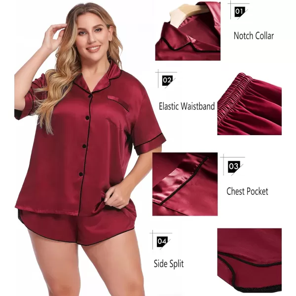 SWOMOG Womens Plus Size Satin Pajama Set Short Sleeve 2 piece Pj Sets Sleepwear Silk Button Down Loungewear Pjs Shorts SetWine Red