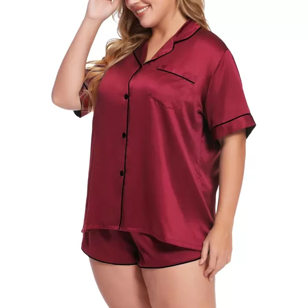 SWOMOG Womens Plus Size Satin Pajama Set Short Sleeve 2 piece Pj Sets Sleepwear Silk Button Down Loungewear Pjs Shorts SetWine Red