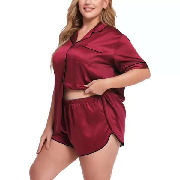 SWOMOG Womens Plus Size Satin Pajama Set Short Sleeve 2 piece Pj Sets Sleepwear Silk Button Down Loungewear Pjs Shorts SetWine Red