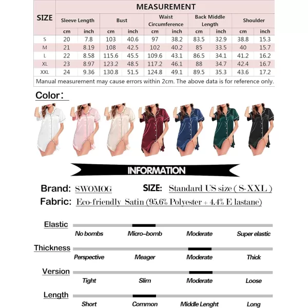 SWOMOG Womens Satin Nightgown 34 Sleeve Sleepwear Button Down Sleep Shirt Silk Nighty Pajama TopAblackshort Sleeve