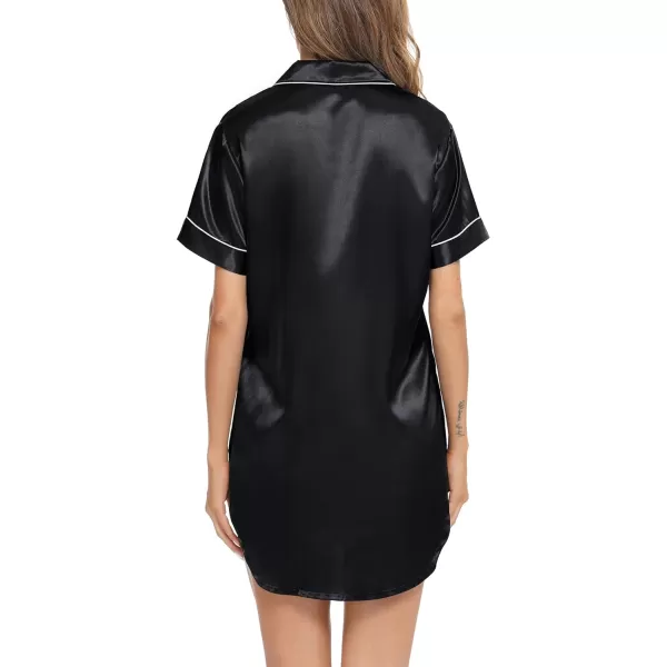 SWOMOG Womens Satin Nightgown 34 Sleeve Sleepwear Button Down Sleep Shirt Silk Nighty Pajama TopAblackshort Sleeve
