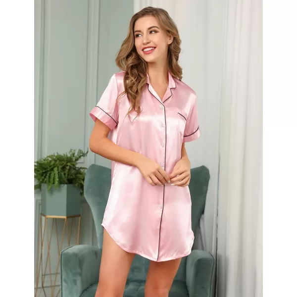 SWOMOG Womens Satin Nightgown 34 Sleeve Sleepwear Button Down Sleep Shirt Silk Nighty Pajama TopApinkshort Sleeve