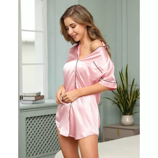 SWOMOG Womens Satin Nightgown 34 Sleeve Sleepwear Button Down Sleep Shirt Silk Nighty Pajama TopApinkshort Sleeve