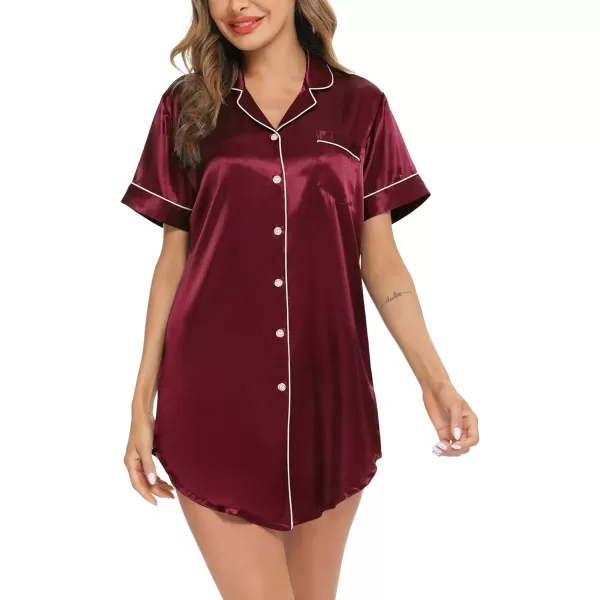 SWOMOG Womens Satin Nightgown 34 Sleeve Sleepwear Button Down Sleep Shirt Silk Nighty Pajama TopAwine Redshort Sleeve