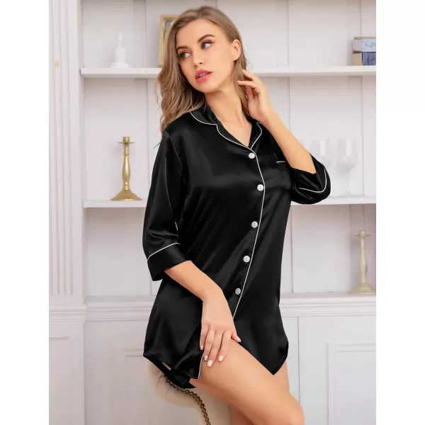 SWOMOG Womens Satin Nightgown 34 Sleeve Sleepwear Button Down Sleep Shirt Silk Nighty Pajama TopBlack34 Sleeve