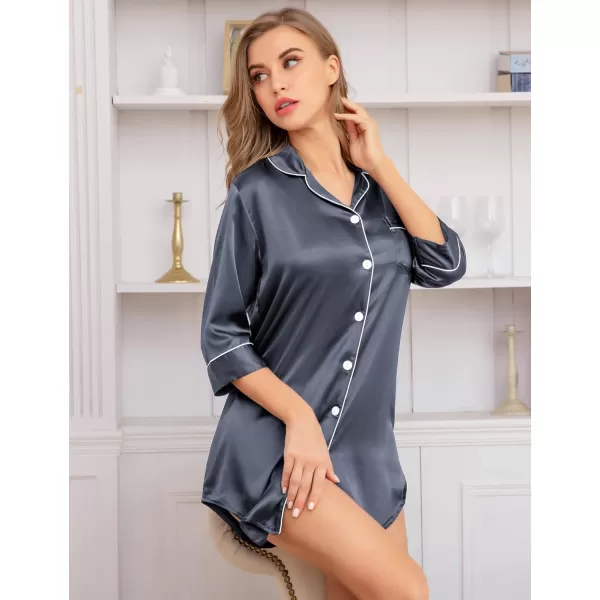 SWOMOG Womens Satin Nightgown 34 Sleeve Sleepwear Button Down Sleep Shirt Silk Nighty Pajama TopDeep Grey34 Sleeve