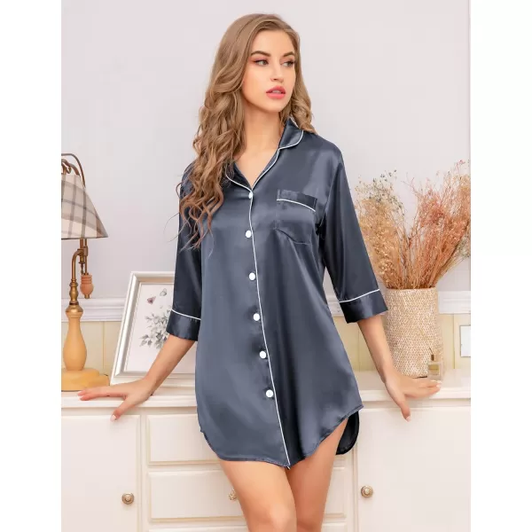 SWOMOG Womens Satin Nightgown 34 Sleeve Sleepwear Button Down Sleep Shirt Silk Nighty Pajama TopDeep Grey34 Sleeve