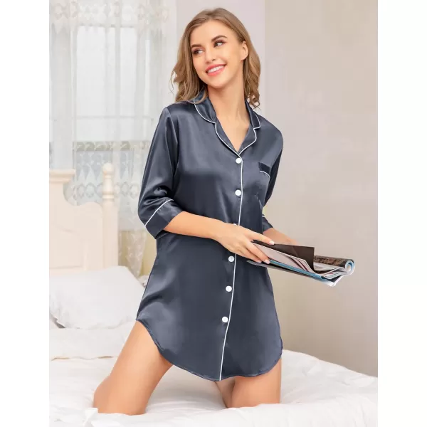 SWOMOG Womens Satin Nightgown 34 Sleeve Sleepwear Button Down Sleep Shirt Silk Nighty Pajama TopDeep Grey34 Sleeve