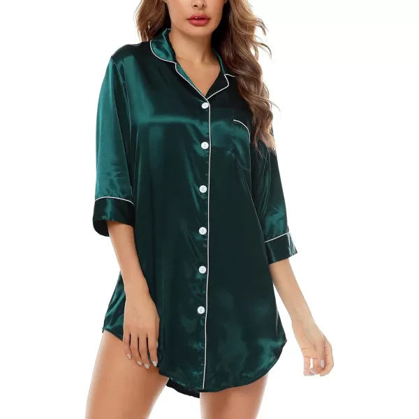 SWOMOG Womens Satin Nightgown 34 Sleeve Sleepwear Button Down Sleep Shirt Silk Nighty Pajama TopGreen34 Sleeve