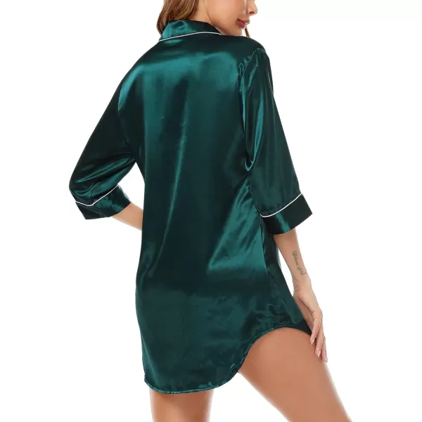 SWOMOG Womens Satin Nightgown 34 Sleeve Sleepwear Button Down Sleep Shirt Silk Nighty Pajama TopGreen34 Sleeve