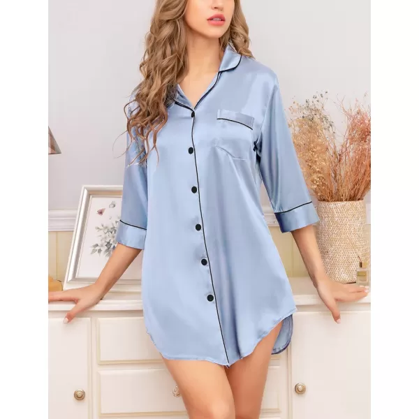 SWOMOG Womens Satin Nightgown 34 Sleeve Sleepwear Button Down Sleep Shirt Silk Nighty Pajama TopGrey34 Sleeve