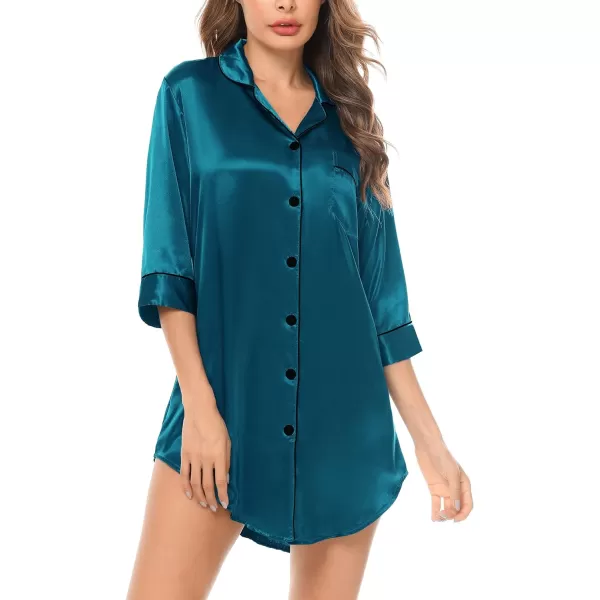 SWOMOG Womens Satin Nightgown 34 Sleeve Sleepwear Button Down Sleep Shirt Silk Nighty Pajama TopPeacock Blue34 Sleeve