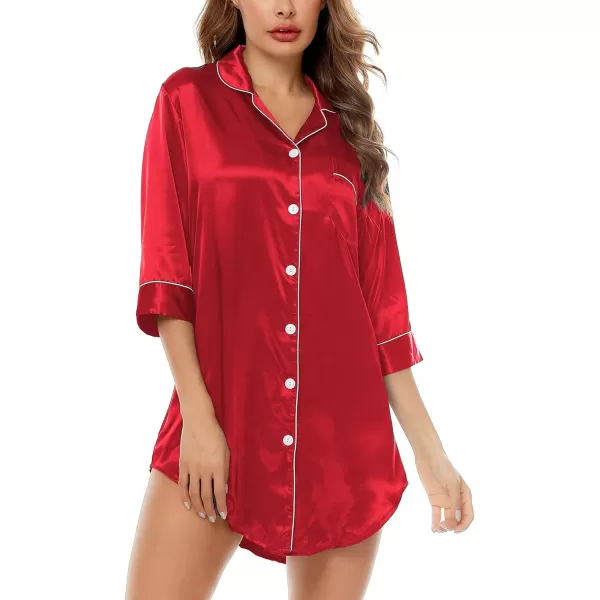 SWOMOG Womens Satin Nightgown 34 Sleeve Sleepwear Button Down Sleep Shirt Silk Nighty Pajama TopRed34 Sleeve