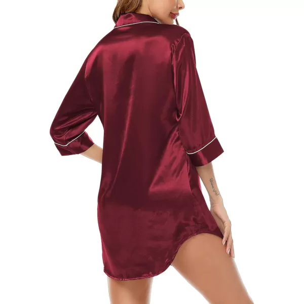 SWOMOG Womens Satin Nightgown 34 Sleeve Sleepwear Button Down Sleep Shirt Silk Nighty Pajama TopWine Red34 Sleeve