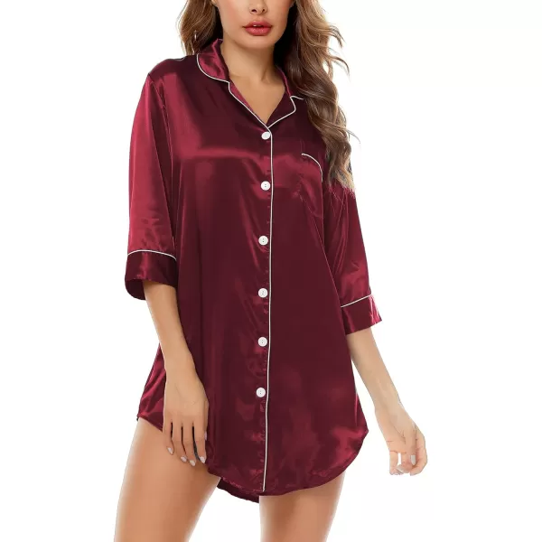 SWOMOG Womens Satin Nightgown 34 Sleeve Sleepwear Button Down Sleep Shirt Silk Nighty Pajama TopWine Red34 Sleeve