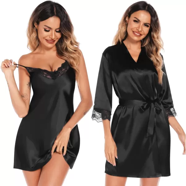 SWOMOG Womens Satin Robe Set 2 Piece Sexy Pajamas Sets Lace Cami Nightgown and Silk Robes NightwearBlack