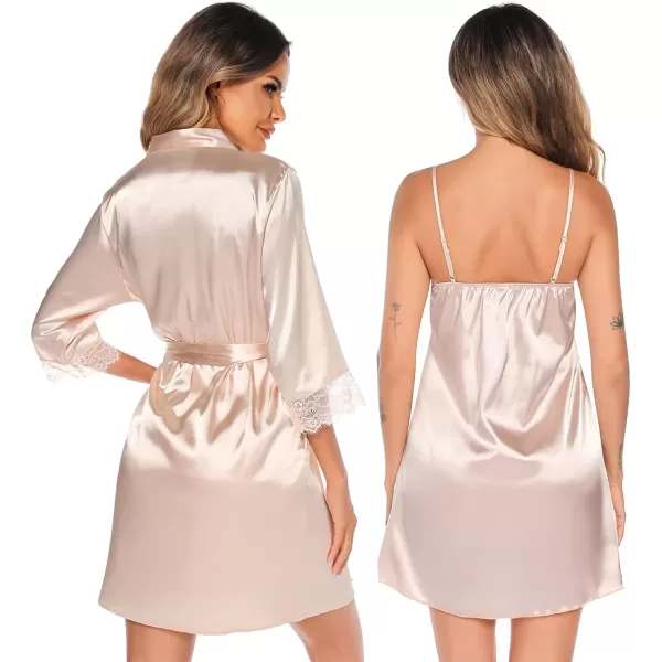 SWOMOG Womens Satin Robe Set 2 Piece Sexy Pajamas Sets Lace Cami Nightgown and Silk Robes NightwearChampagne