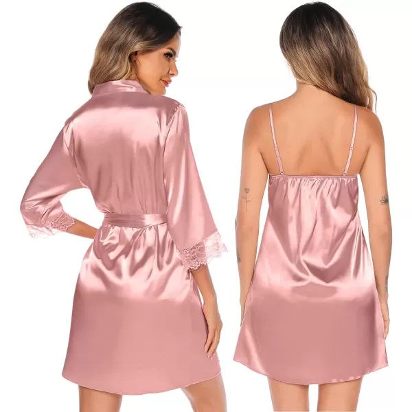 SWOMOG Womens Satin Robe Set 2 Piece Sexy Pajamas Sets Lace Cami Nightgown and Silk Robes NightwearMisty Rose