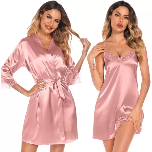 SWOMOG Womens Satin Robe Set 2 Piece Sexy Pajamas Sets Lace Cami Nightgown and Silk Robes NightwearMisty Rose