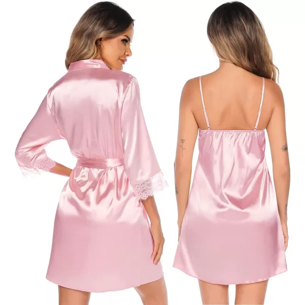 SWOMOG Womens Satin Robe Set 2 Piece Sexy Pajamas Sets Lace Cami Nightgown and Silk Robes NightwearPink