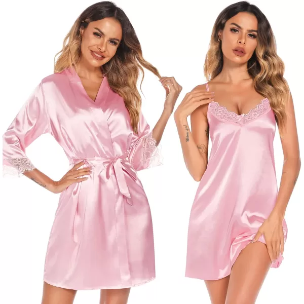 SWOMOG Womens Satin Robe Set 2 Piece Sexy Pajamas Sets Lace Cami Nightgown and Silk Robes NightwearPink