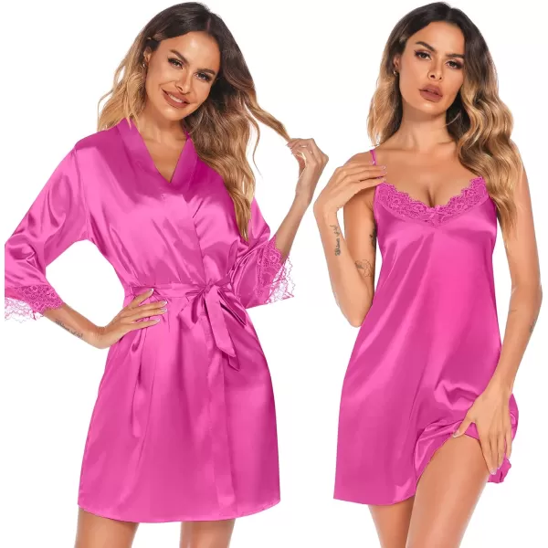 SWOMOG Womens Satin Robe Set 2 Piece Sexy Pajamas Sets Lace Cami Nightgown and Silk Robes NightwearRose Red