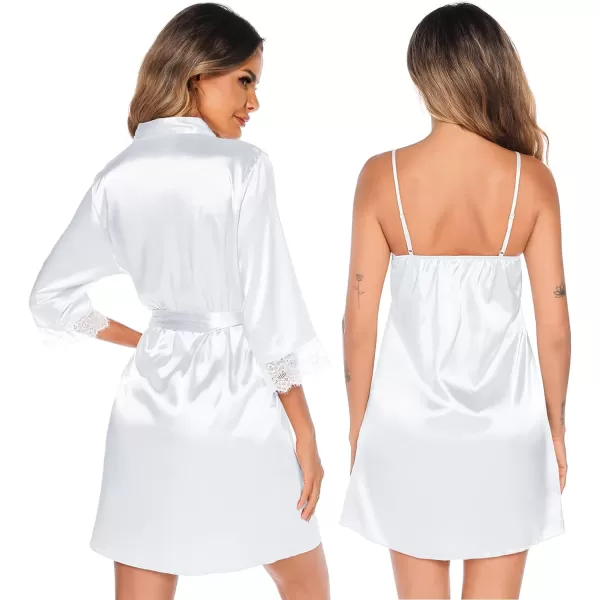 SWOMOG Womens Satin Robe Set 2 Piece Sexy Pajamas Sets Lace Cami Nightgown and Silk Robes NightwearWhite