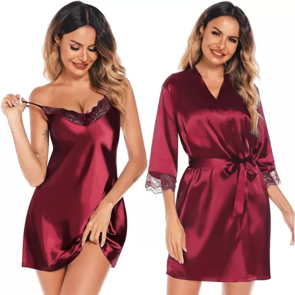 SWOMOG Womens Satin Robe Set 2 Piece Sexy Pajamas Sets Lace Cami Nightgown and Silk Robes NightwearWine Red