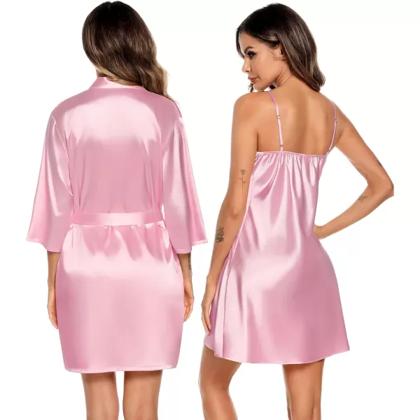 SWOMOG Womens Satin Robe Set 2 Piece Sexy Pajamas Sets Lace Cami Nightgown and Silk Robes NightwearZpink