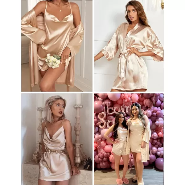 SWOMOG Womens Satin Robe Set 2 Piece Silk Lingerie Sets Cowl Neck Cami Nightgown with Robes Bridesmiad Wedding KimonosChampange