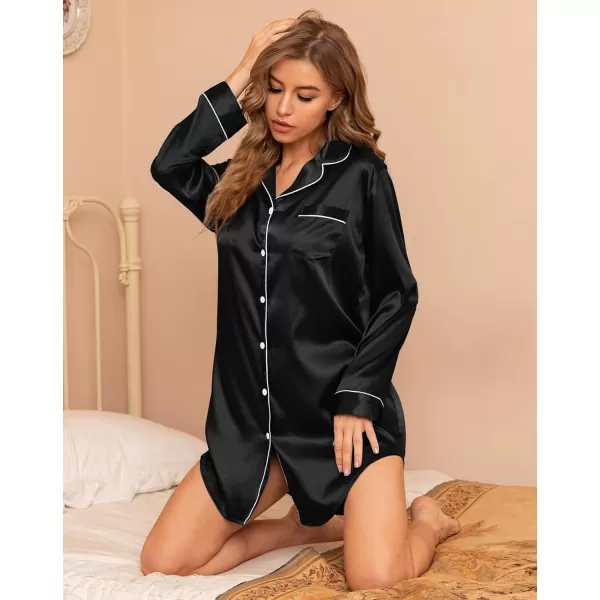 SWOMOG Womens Satin Sleep Shirt Long Sleeve Sleepwear Silk Nightshirt Button Down Pajama TopBlack