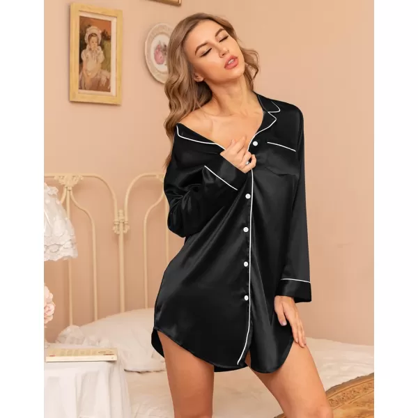 SWOMOG Womens Satin Sleep Shirt Long Sleeve Sleepwear Silk Nightshirt Button Down Pajama TopBlack