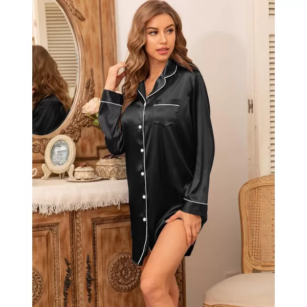 SWOMOG Womens Satin Sleep Shirt Long Sleeve Sleepwear Silk Nightshirt Button Down Pajama TopBlack