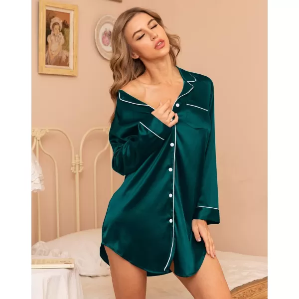 SWOMOG Womens Satin Sleep Shirt Long Sleeve Sleepwear Silk Nightshirt Button Down Pajama TopDeep Green