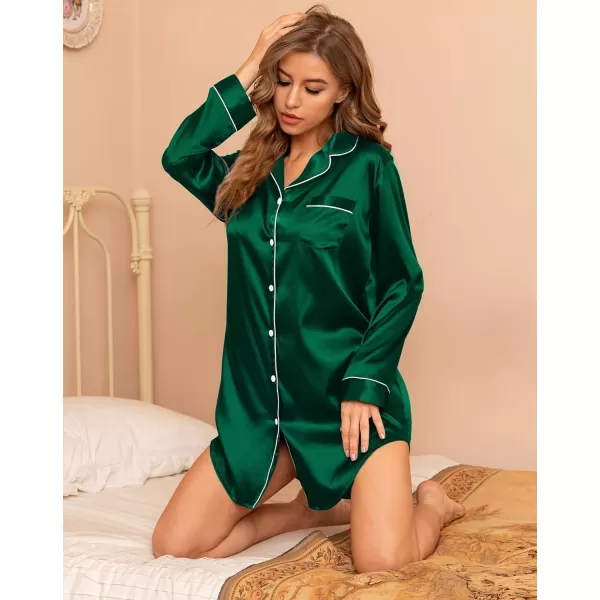 SWOMOG Womens Satin Sleep Shirt Long Sleeve Sleepwear Silk Nightshirt Button Down Pajama TopForest Green