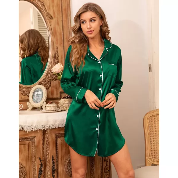 SWOMOG Womens Satin Sleep Shirt Long Sleeve Sleepwear Silk Nightshirt Button Down Pajama TopForest Green