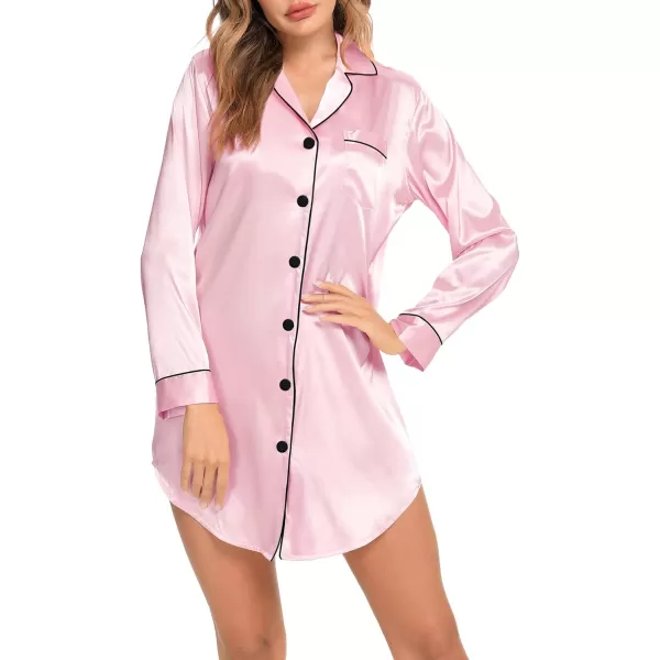 SWOMOG Womens Satin Sleep Shirt Long Sleeve Sleepwear Silk Nightshirt Button Down Pajama TopGpink