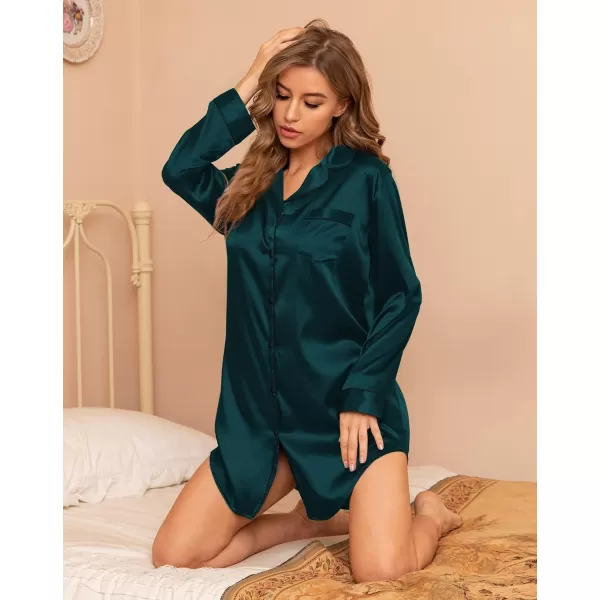 SWOMOG Womens Satin Sleep Shirt Long Sleeve Sleepwear Silk Nightshirt Button Down Pajama TopGreenblack Button