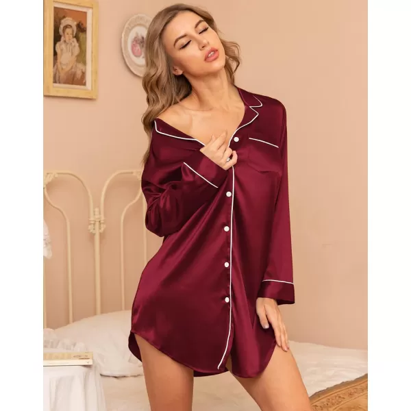 SWOMOG Womens Satin Sleep Shirt Long Sleeve Sleepwear Silk Nightshirt Button Down Pajama TopGwine Red