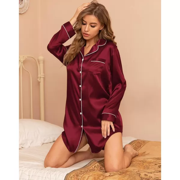 SWOMOG Womens Satin Sleep Shirt Long Sleeve Sleepwear Silk Nightshirt Button Down Pajama TopGwine Red