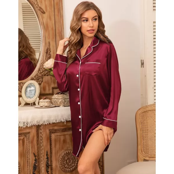 SWOMOG Womens Satin Sleep Shirt Long Sleeve Sleepwear Silk Nightshirt Button Down Pajama TopGwine Red