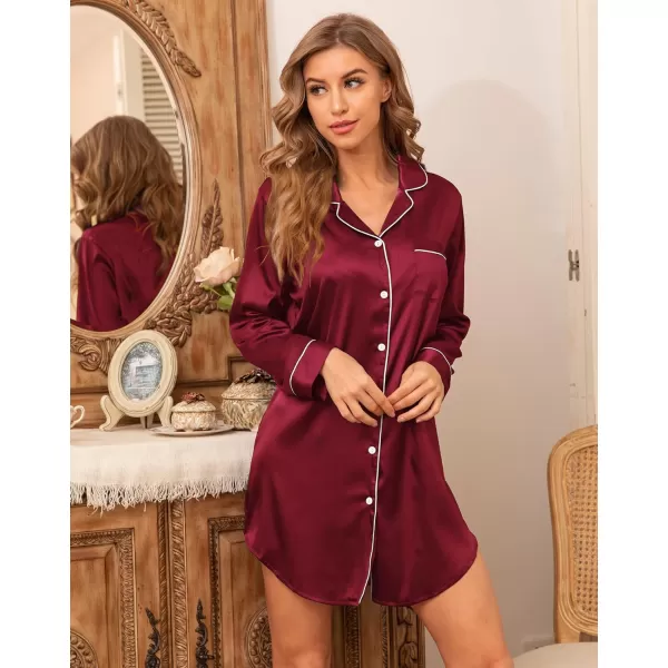 SWOMOG Womens Satin Sleep Shirt Long Sleeve Sleepwear Silk Nightshirt Button Down Pajama TopGwine Red