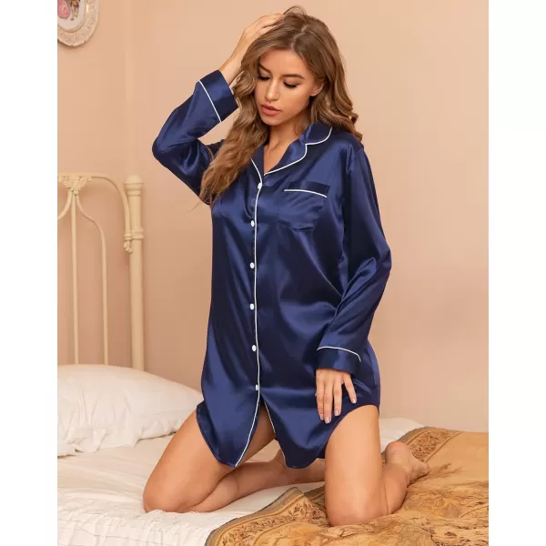 SWOMOG Womens Satin Sleep Shirt Long Sleeve Sleepwear Silk Nightshirt Button Down Pajama TopNavy Blue